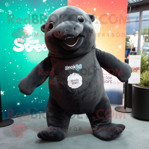 Black Stellar'S Sea Cow mascot costume character dressed with a Romper and Keychains