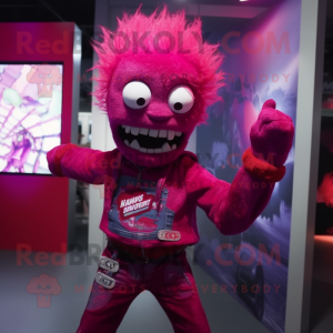 Magenta Zombie mascot costume character dressed with a Flare Jeans and Lapel pins