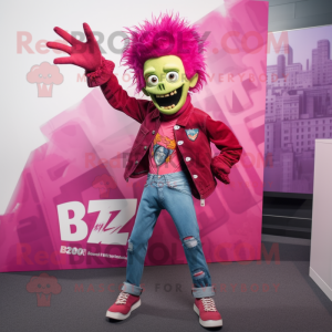 Magenta Zombie mascot costume character dressed with a Flare Jeans and Lapel pins