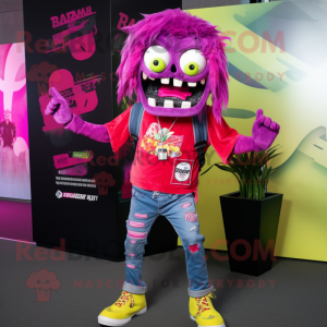 Magenta Zombie mascot costume character dressed with a Flare Jeans and Lapel pins