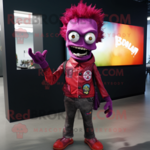 Magenta Zombie mascot costume character dressed with a Flare Jeans and Lapel pins