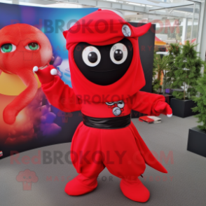 Red Ninja mascot costume character dressed with a A-Line Skirt and Hair clips