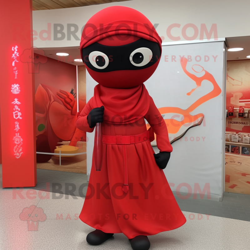 Red Ninja mascot costume character dressed with a A-Line Skirt and Hair clips