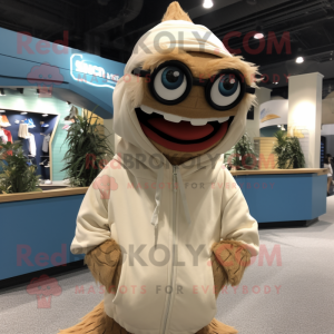 Tan Barracuda mascot costume character dressed with a Hoodie and Eyeglasses