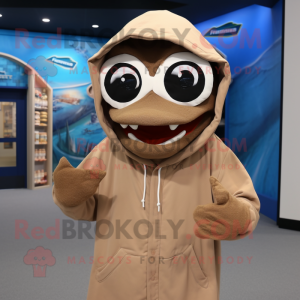 Tan Barracuda mascot costume character dressed with a Hoodie and Eyeglasses