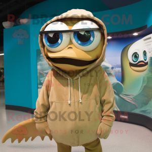 Tan Barracuda mascot costume character dressed with a Hoodie and Eyeglasses