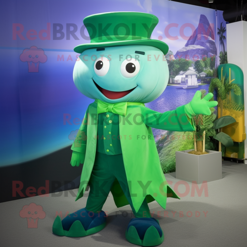 Green Whale mascot costume character dressed with a Blouse and Hat pins