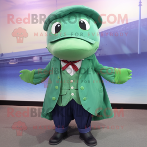 Green Whale mascot costume character dressed with a Blouse and Hat pins