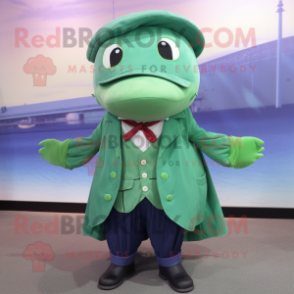 Green Whale mascot costume character dressed with a Blouse and Hat pins