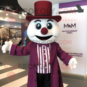Maroon Magician mascot costume character dressed with a Button-Up Shirt and Suspenders