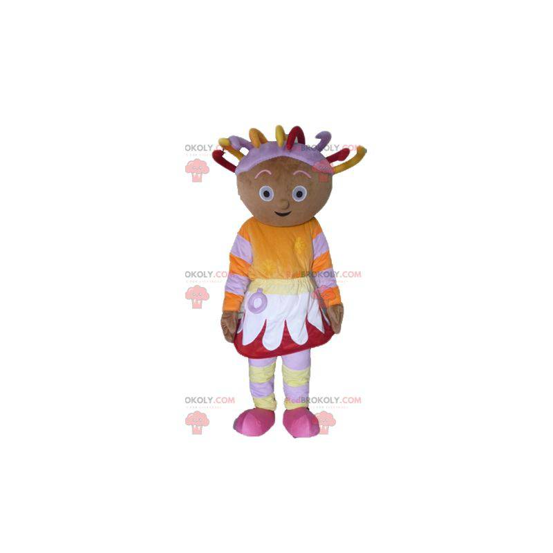 African girl mascot in colorful outfit with dreads -