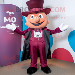 Maroon Magician mascot costume character dressed with a Button-Up Shirt and Suspenders