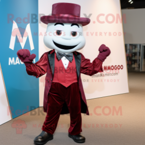 Maroon Magician mascot costume character dressed with a Button-Up Shirt and Suspenders