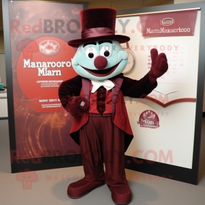 Maroon Magician mascot costume character dressed with a Button-Up Shirt and Suspenders