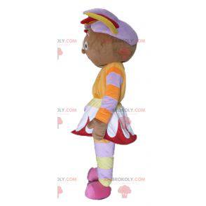 African girl mascot in colorful outfit with dreads -