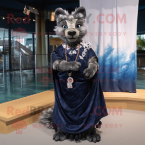 Navy Hyena mascot costume character dressed with a Empire Waist Dress and Shawls
