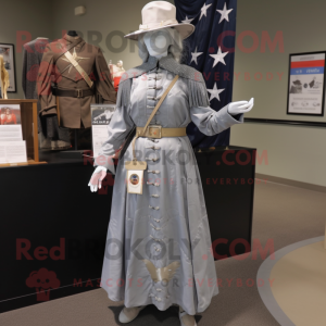 Silver Civil War Soldier mascot costume character dressed with a Mini Dress and Shawl pins