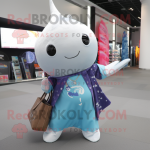 Silver Narwhal mascot costume character dressed with a Flare Jeans and Tote bags