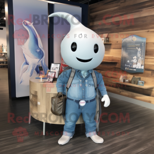 Silver Narwhal mascot costume character dressed with a Flare Jeans and Tote bags