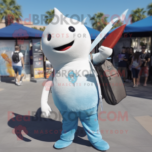 Silver Narwhal mascot costume character dressed with a Flare Jeans and Tote bags