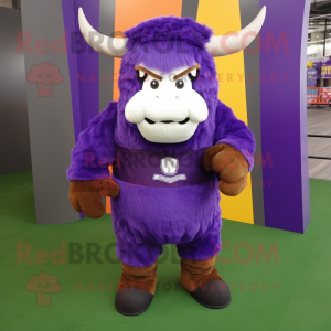 Purple Yak mascot costume character dressed with a Dress Pants and Foot pads