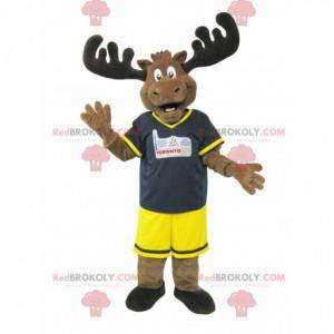 Mascotte d'élan de caribou marron en tenue noire et jaune -