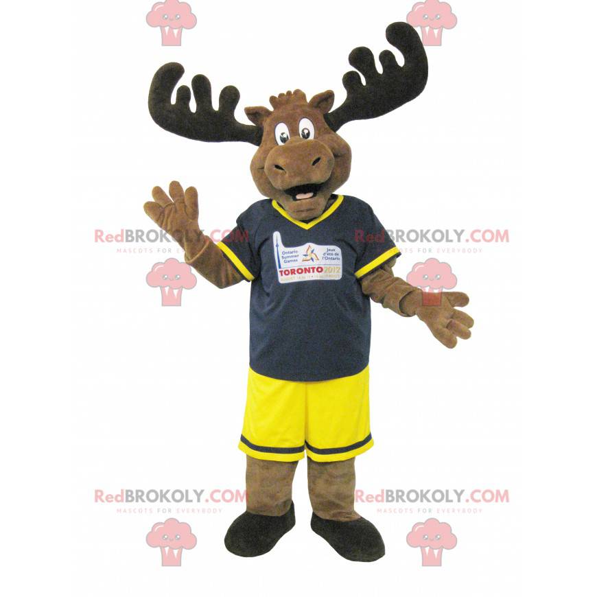 Mascotte d'élan de caribou marron en tenue noire et jaune -