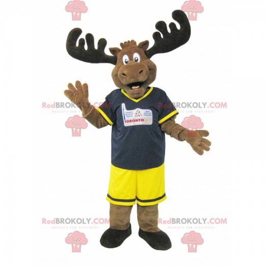 Brown caribou elk mascot in black and yellow outfit -