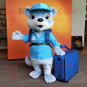 Sky Blue Mongoose mascot costume character dressed with a Cargo Shorts and Briefcases