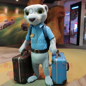 Sky Blue Mongoose mascot costume character dressed with a Cargo Shorts and Briefcases