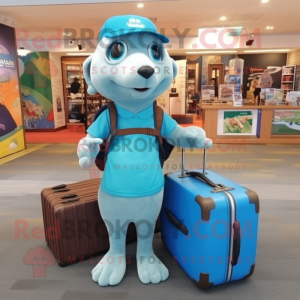 Sky Blue Mongoose mascot costume character dressed with a Cargo Shorts and Briefcases