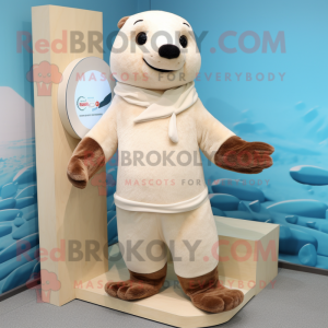 Cream Otter mascot costume character dressed with a Cardigan and Foot pads