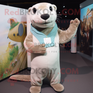 Cream Otter mascot costume character dressed with a Cardigan and Foot pads