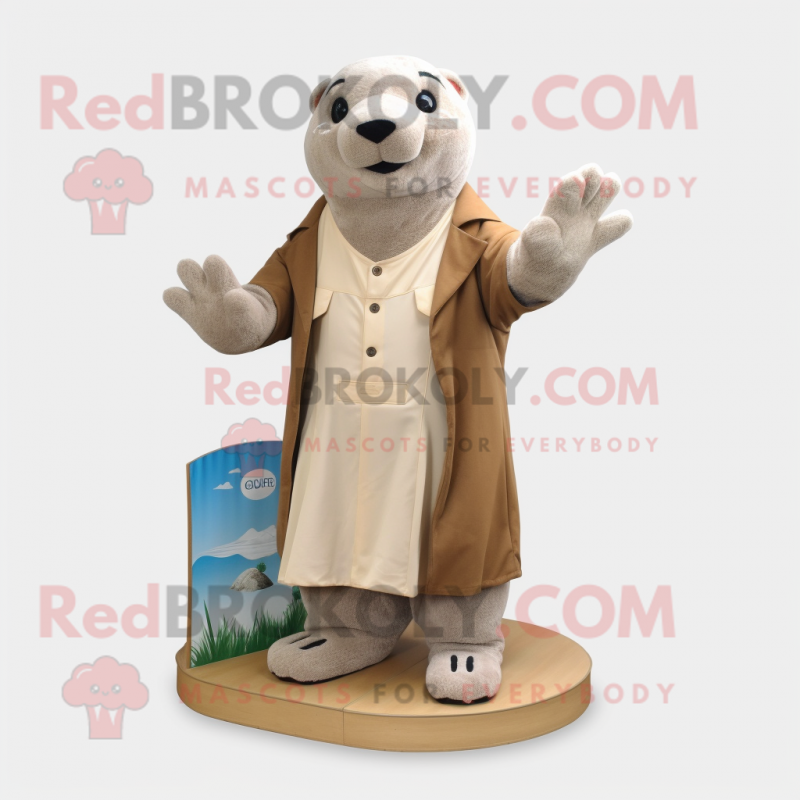 Cream Otter mascot costume character dressed with a Cardigan and Foot pads