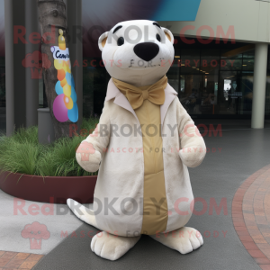 Cream Otter mascot costume character dressed with a Cardigan and Foot pads