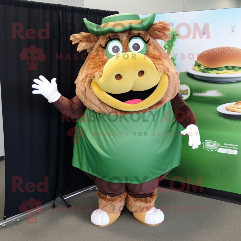 Forest Green Pulled Pork Sandwich mascot costume character dressed with a Maxi Skirt and Shoe laces