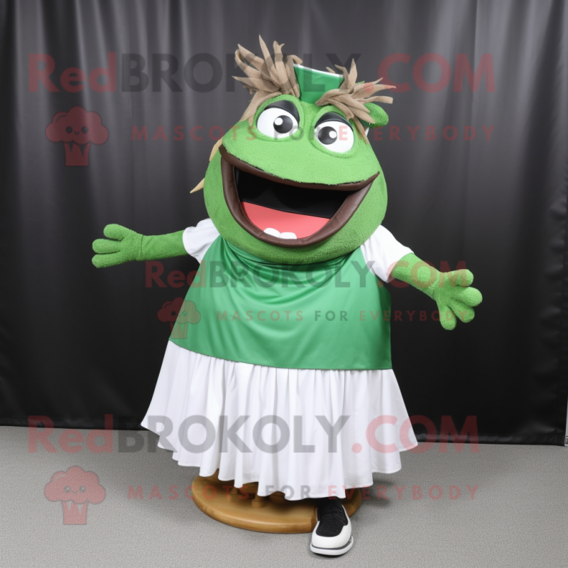 Forest Green Pulled Pork Sandwich mascot costume character dressed with a Maxi Skirt and Shoe laces