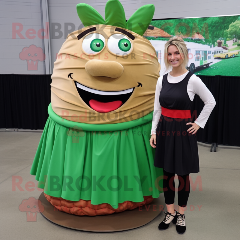 Forest Green Pulled Pork Sandwich mascot costume character dressed with a Maxi Skirt and Shoe laces
