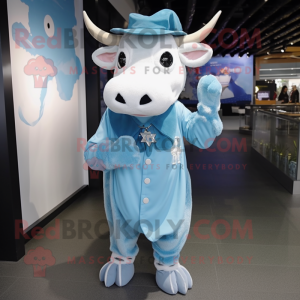 Sky Blue Zebu mascot costume character dressed with a Cover-up and Tie pins