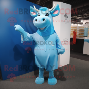Sky Blue Zebu mascot costume character dressed with a Cover-up and Tie pins