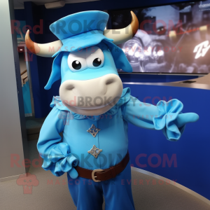 Sky Blue Zebu mascot costume character dressed with a Cover-up and Tie pins