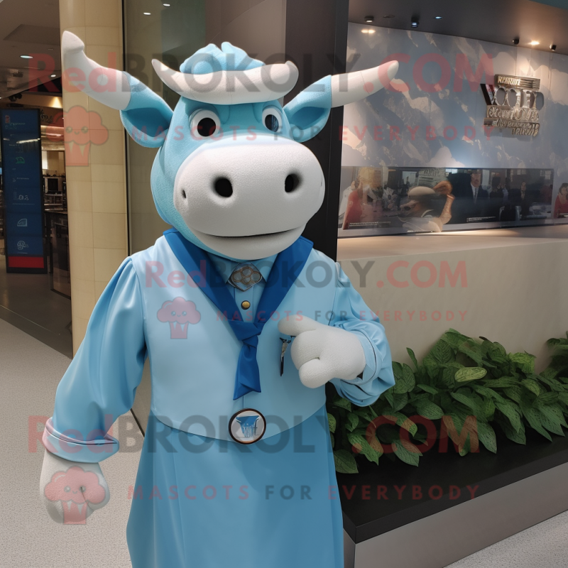 Sky Blue Zebu mascot costume character dressed with a Cover-up and Tie pins