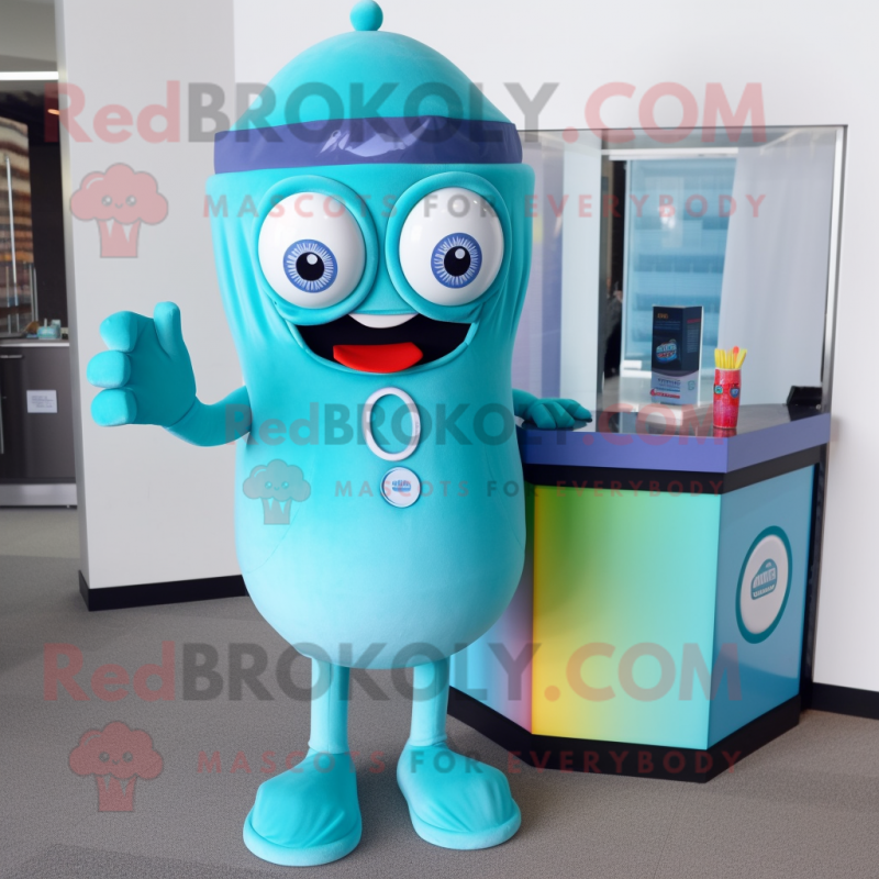 Turquoise Cyclops mascot costume character dressed with a Cocktail Dress and Beanies Turquoise Cyclops mascot costume character dressed with a Cocktail Dress and Beanies