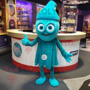 Turquoise Cyclops mascot costume character dressed with a Cocktail Dress and Beanies
