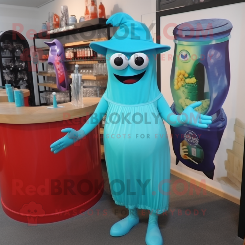 Turquoise Cyclops mascot costume character dressed with a Cocktail Dress and Beanies Turquoise Cyclops mascot costume character dressed with a Cocktail Dress and Beanies