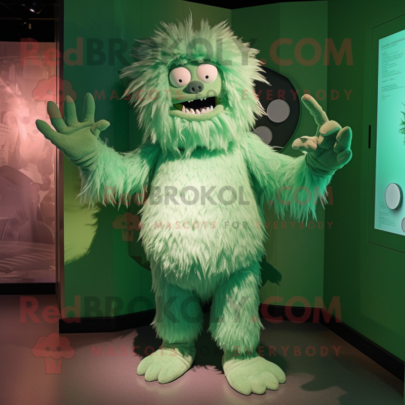 Green Yeti mascot costume character dressed with a Romper and Bow ties