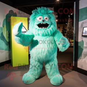 Green Yeti mascot costume character dressed with a Romper and Bow ties