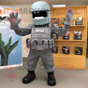 Gray Commando mascot costume character dressed with a Graphic Tee and Shoe clips