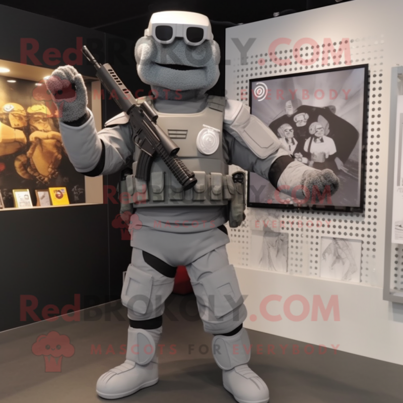 Gray Commando mascot costume character dressed with a Graphic Tee and Shoe clips