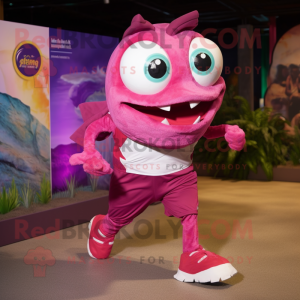 Magenta Piranha mascot costume character dressed with a Running Shorts and Caps